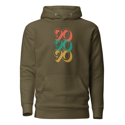 Military Green hoodie, front view with stacked red, green and yellow "90" numerals.