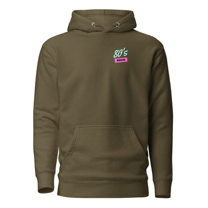 Military Green hoodie with small 80's Rock chest lettering, front view.