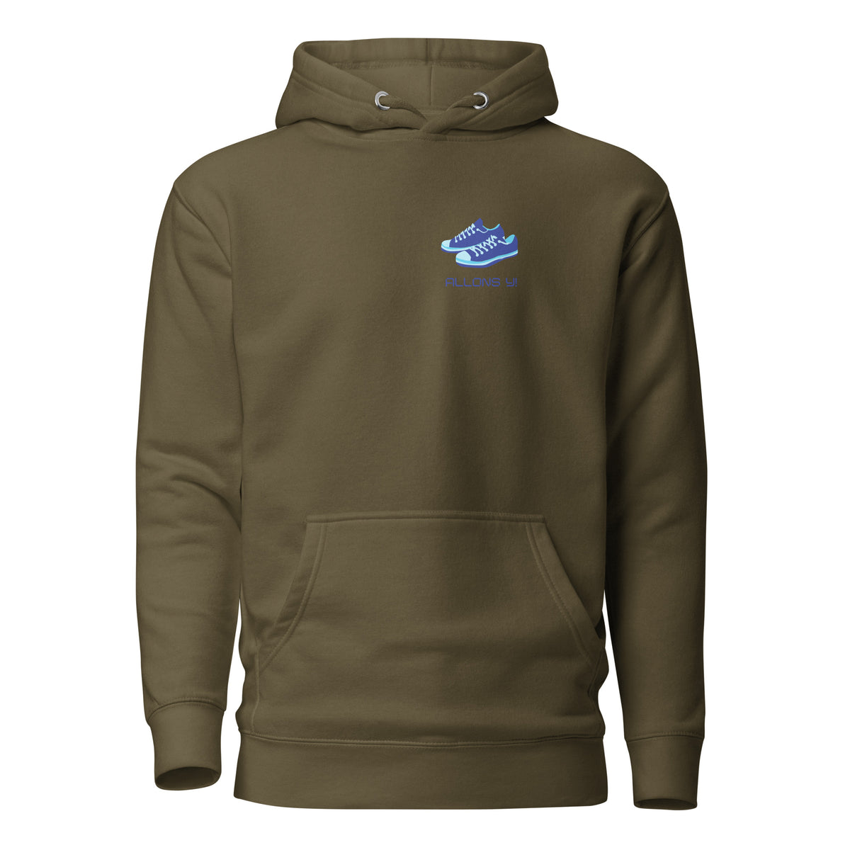 Military Green hoodie, front view with blue sneakers and "Allons Y" chest lettering.