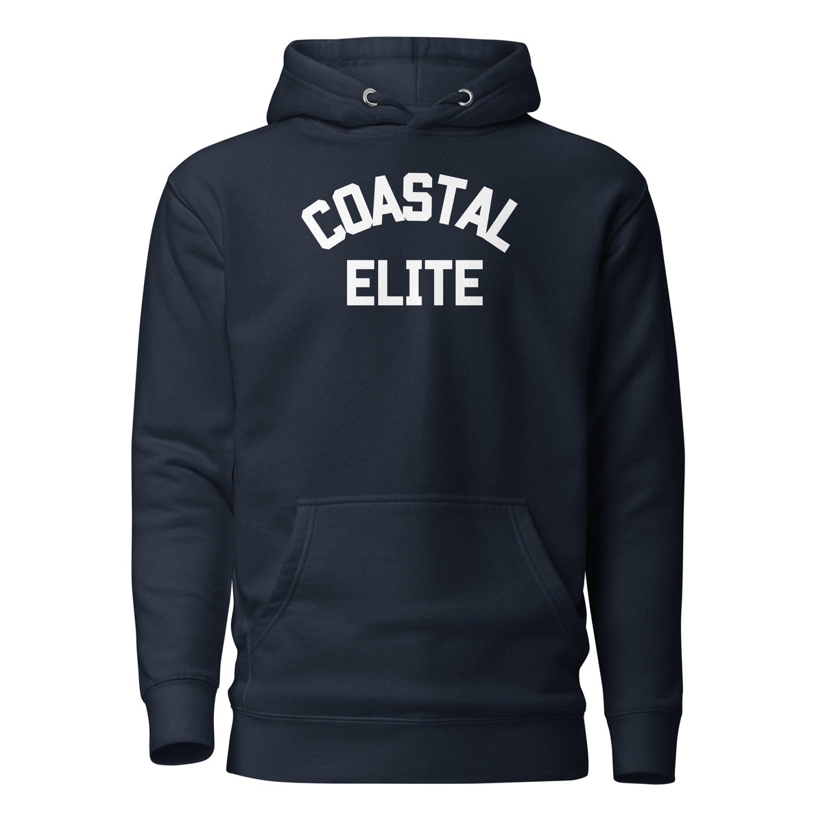 Navy Blazer hoodie, front view, with white arched 'Coastal Elite' lettering.