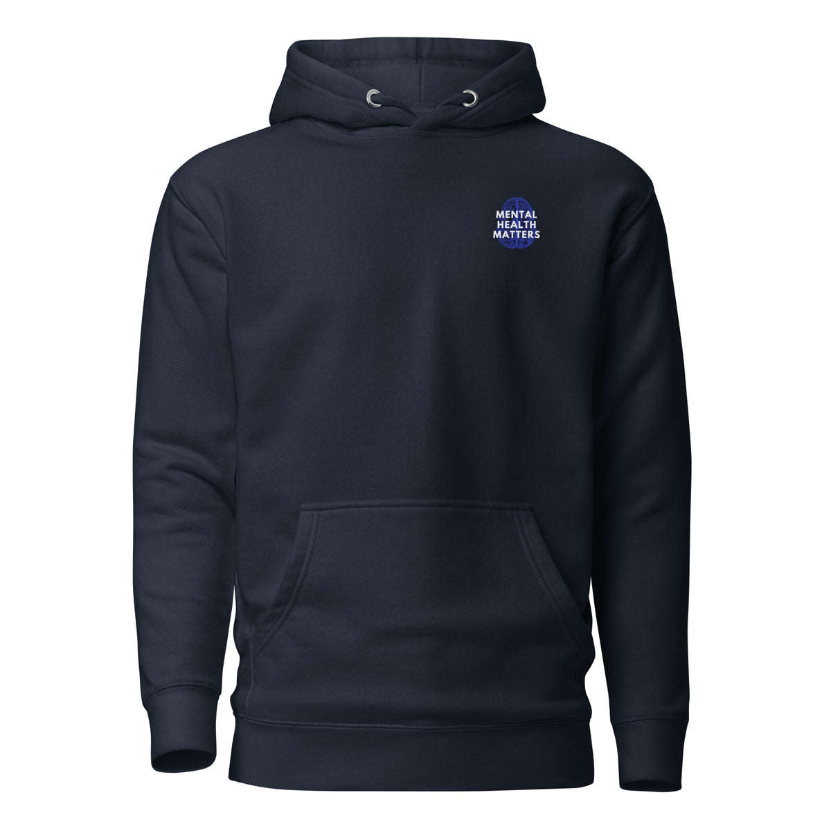 Navy Blazer hoodie with a small Mental Health Matters chest badge, front view.