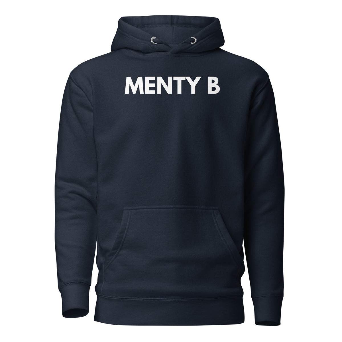 Navy Blazer hoodie, front view, with white 'MENTY B' lettering.