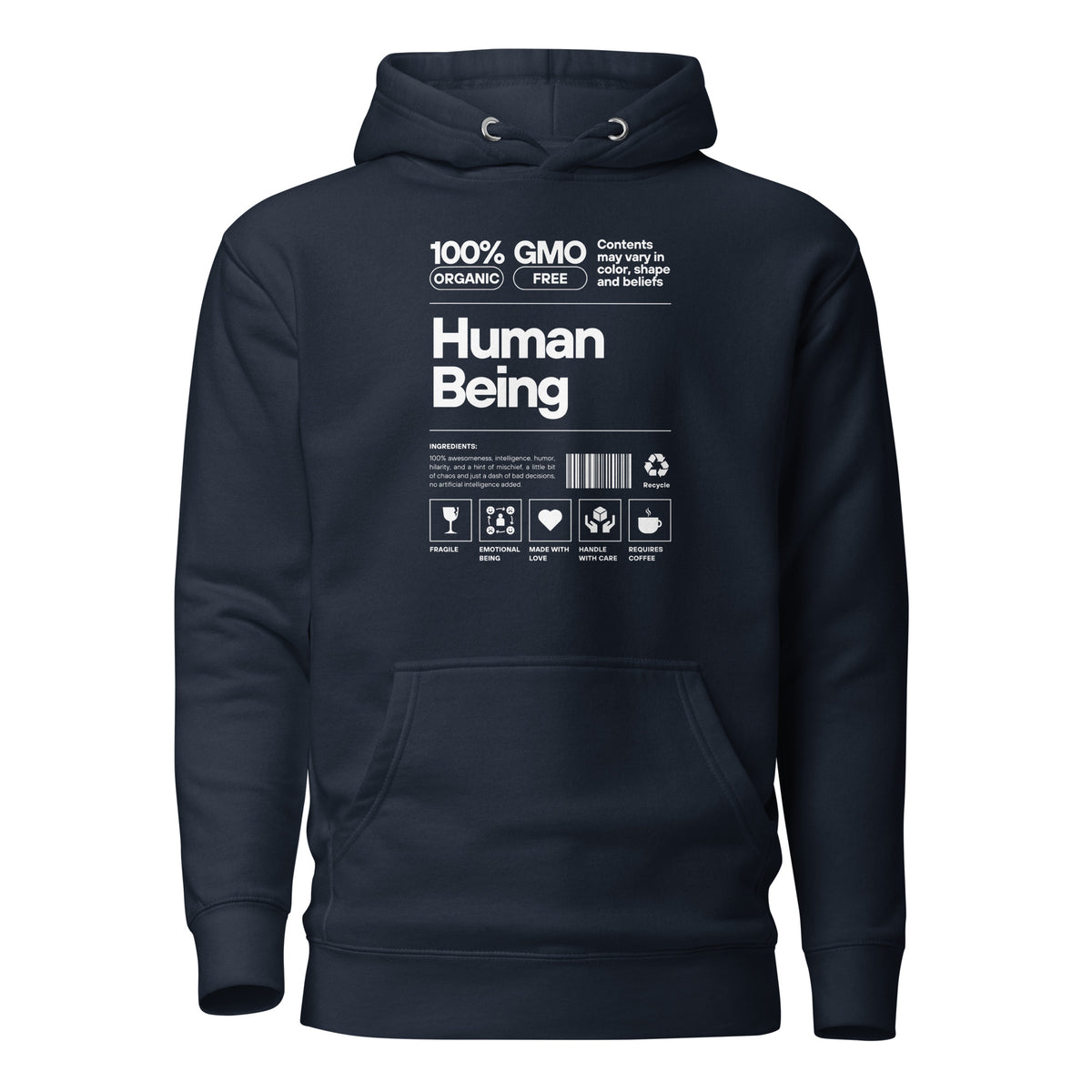 Navy Blazer hoodie with a white Human Being label-style graphic and icons, front view.