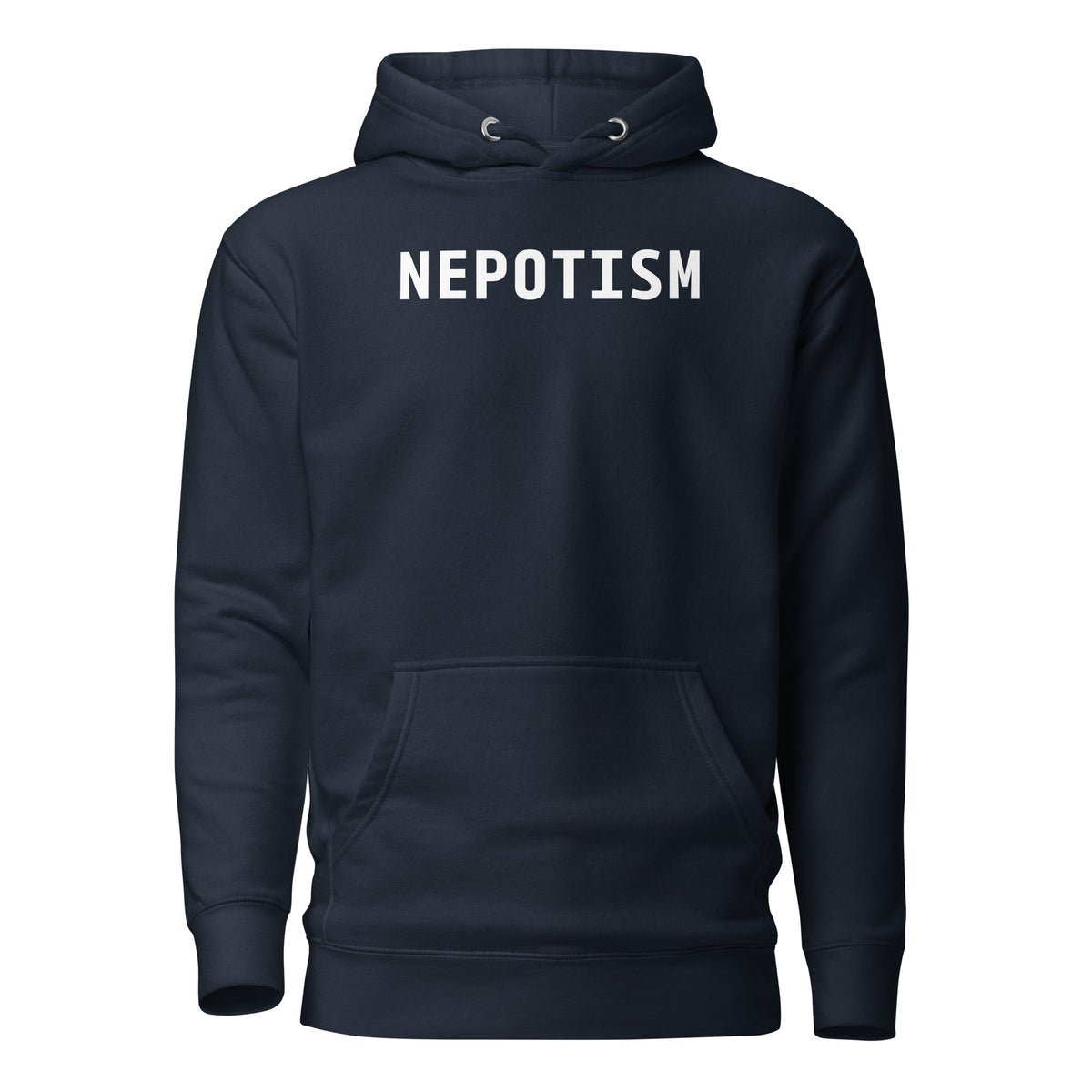 Navy Blazer hoodie, front view, with white 'NEPOTISM' lettering.