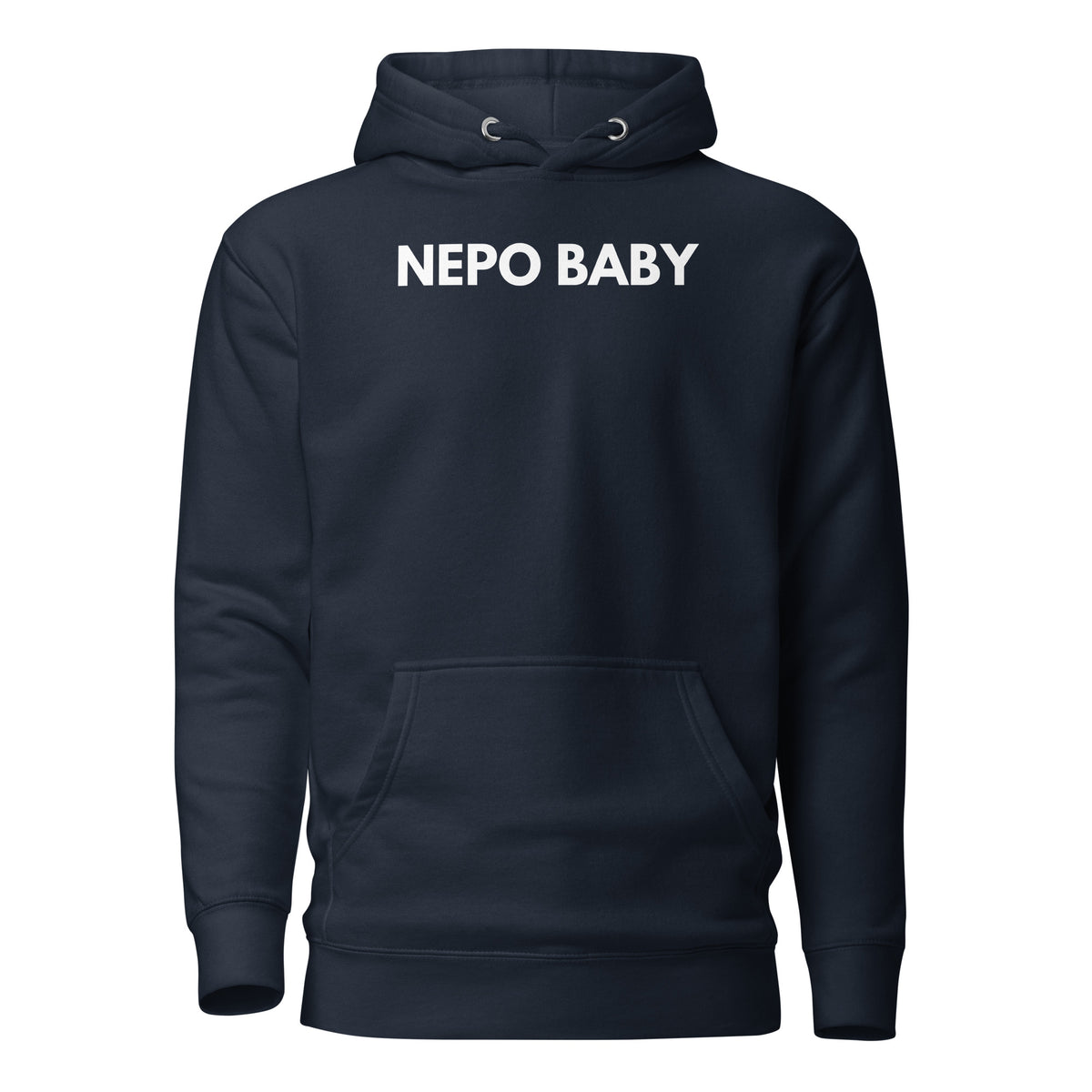 Navy Blazer hoodie with white Nepo Baby lettering, front view.