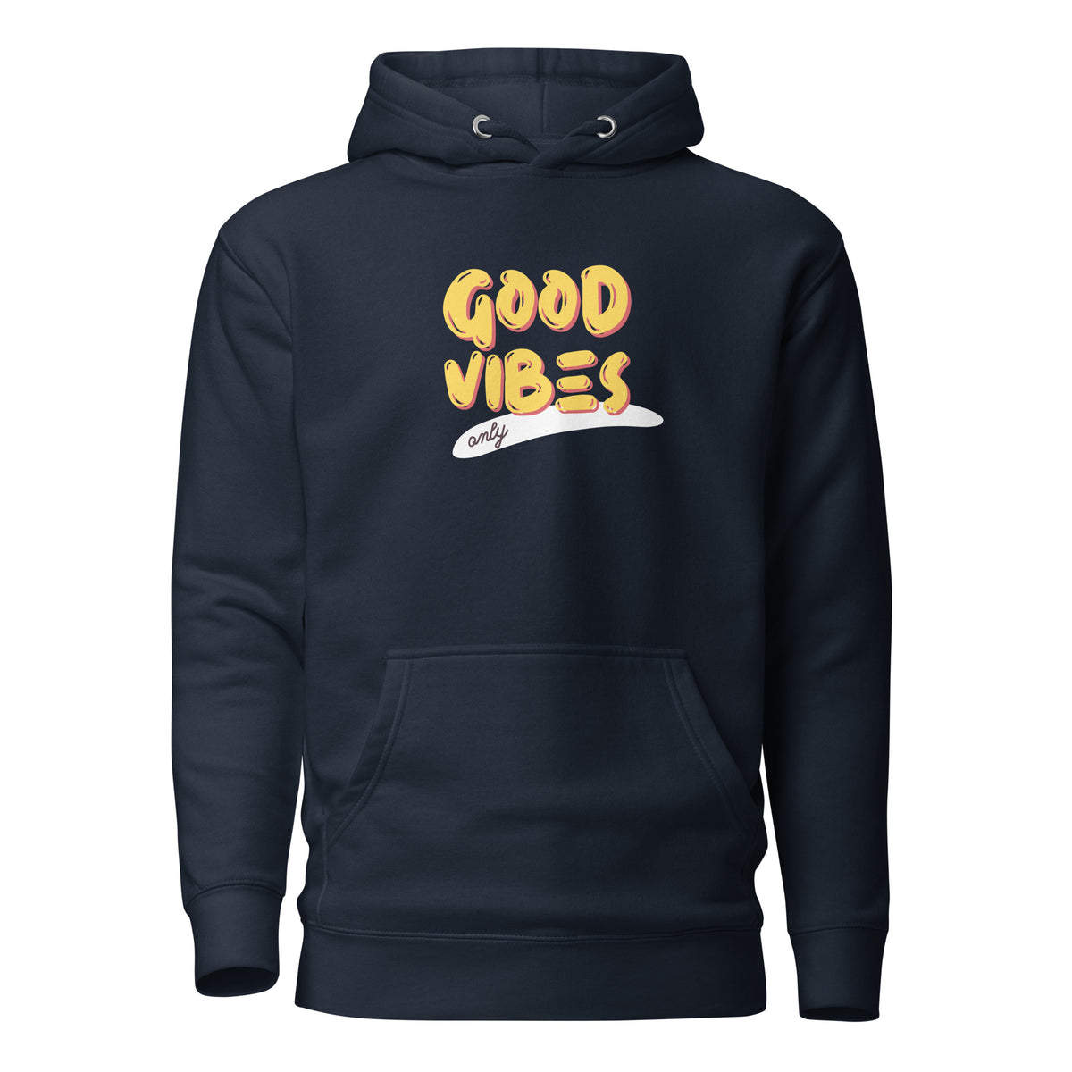 Navy Blazer hoodie, front view, with yellow 'Good Vibes' lettering with a white underline.