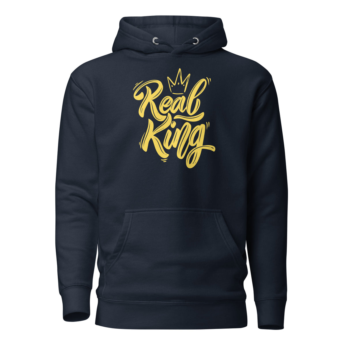 Navy Blazer hoodie, front view, with yellow 'Real King' script and a crown.