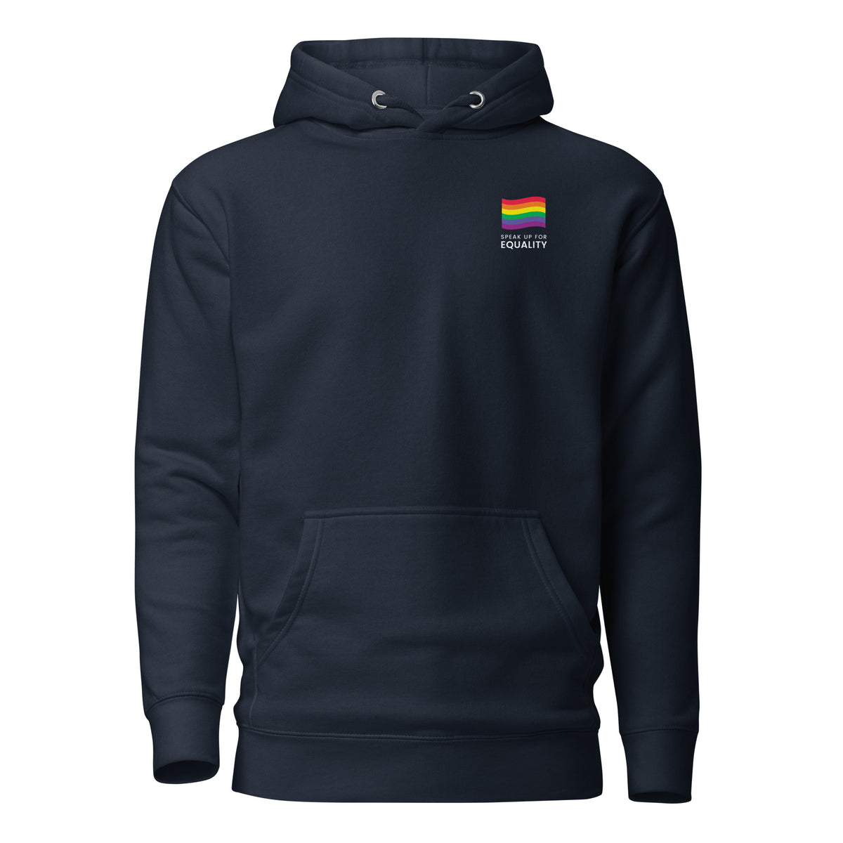 Navy Blazer hoodie, front view, with a small rainbow flag and lettering on the chest.