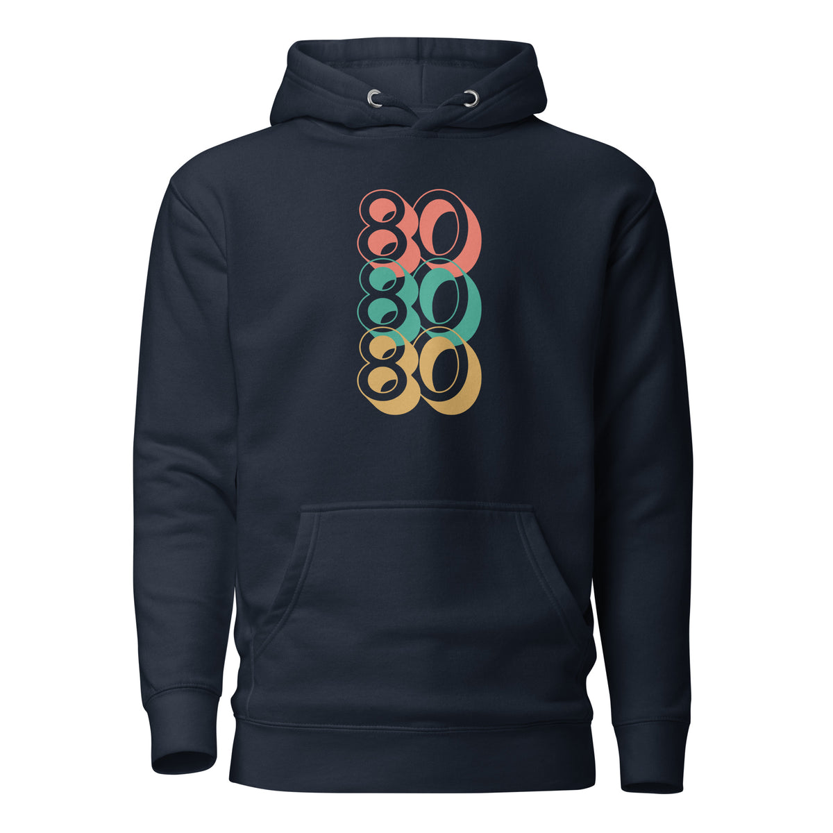 Navy Blazer hoodie with stacked red, green and yellow 80 numerals, front view.