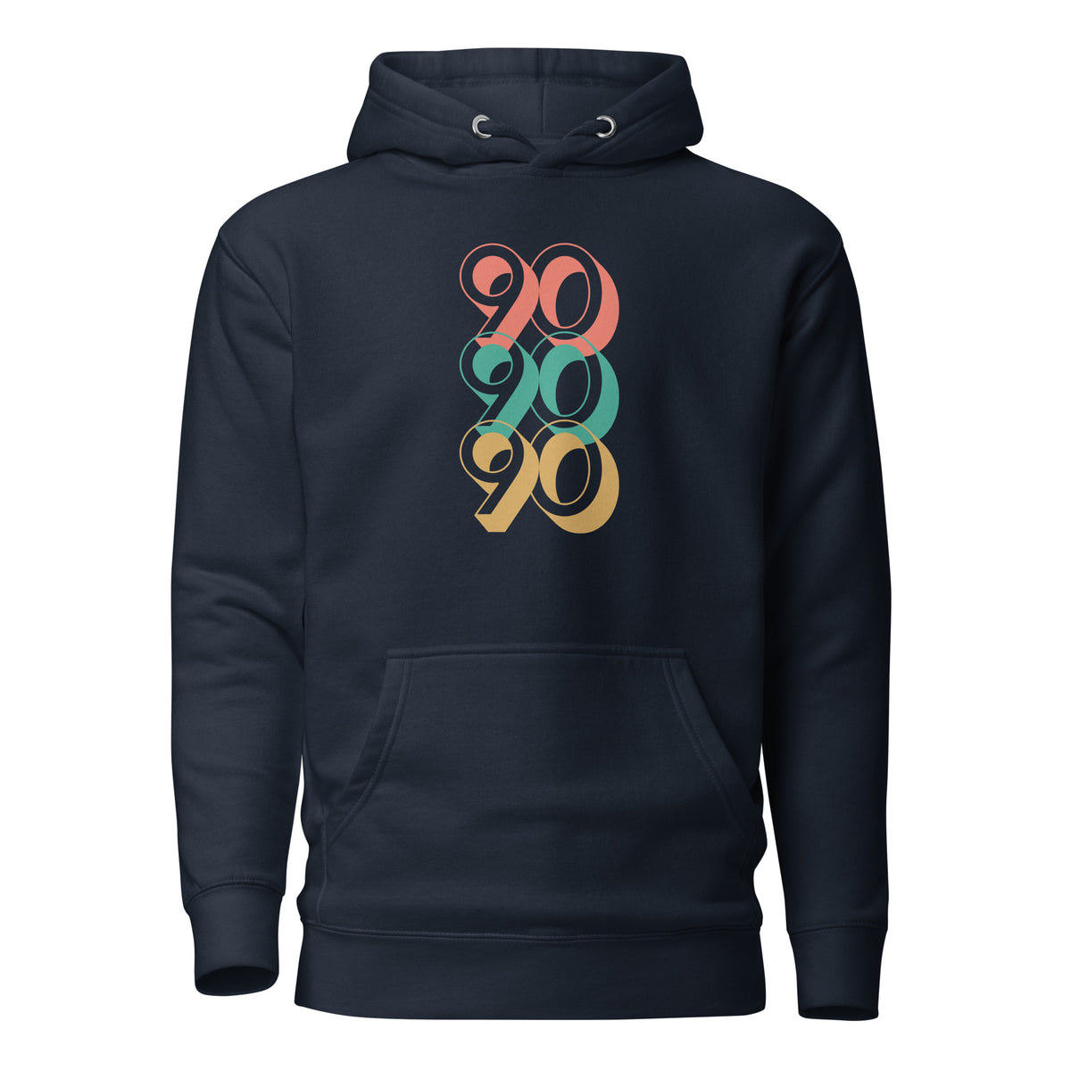 Navy Blazer hoodie, front view with stacked red, green and yellow "90" numerals.