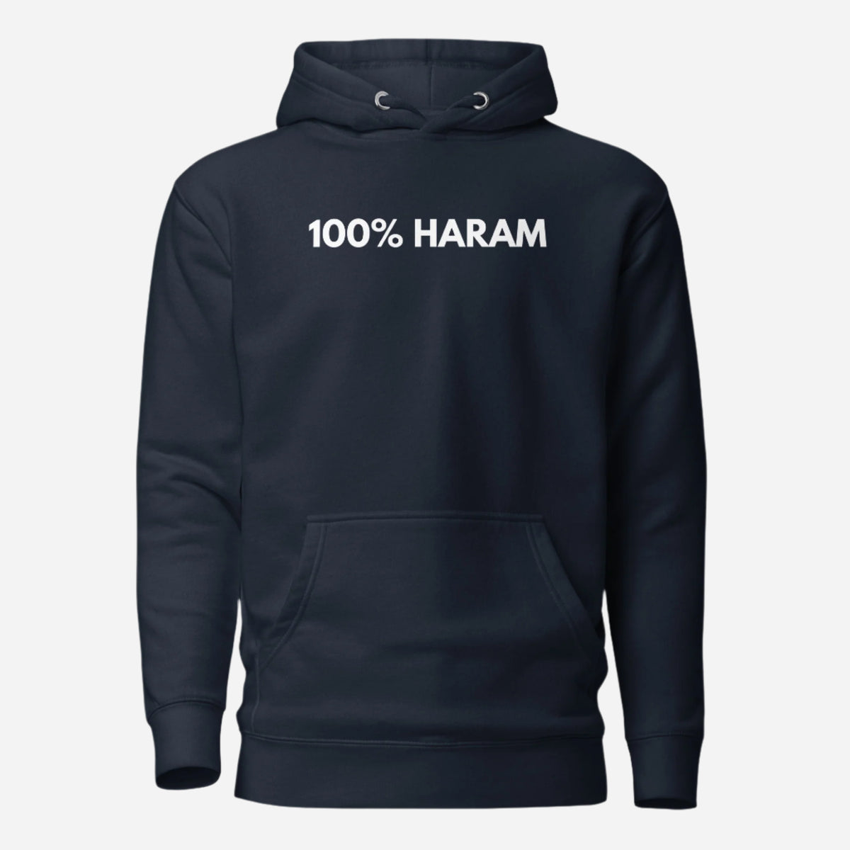 Navy Blazer hoodie, front view, with white '100% HARAM' lettering.