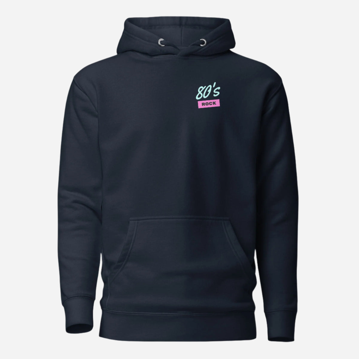 Navy Blazer hoodie with small 80's Rock chest lettering, front view.