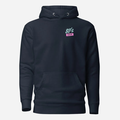 Navy Blazer hoodie with small 80's Rock chest lettering, front view.