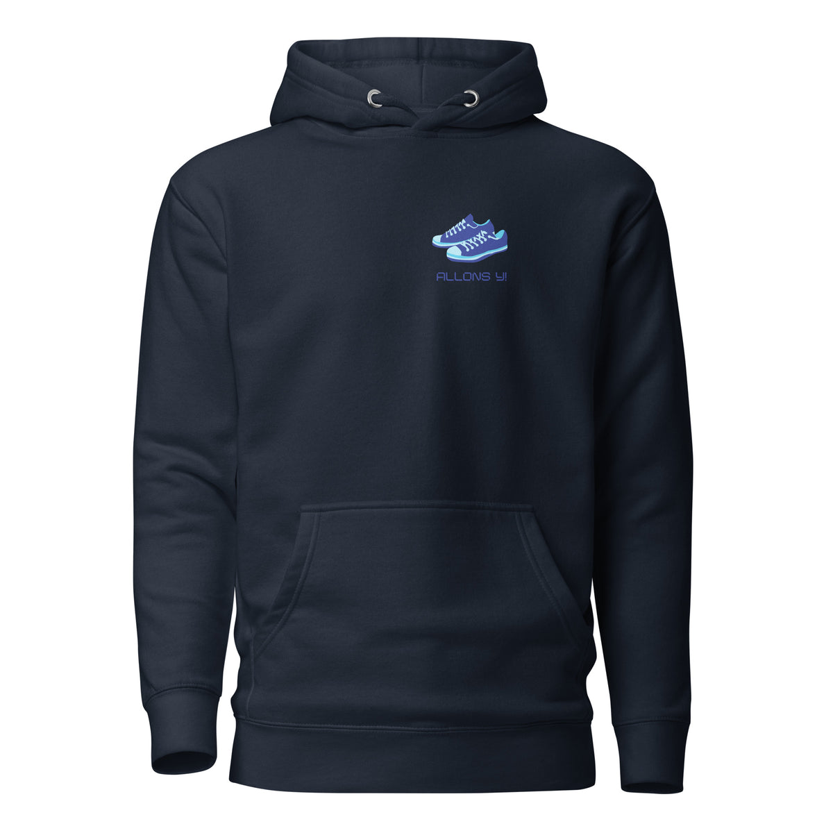 Navy Blazer hoodie, front view with blue sneakers and "Allons Y" chest lettering.