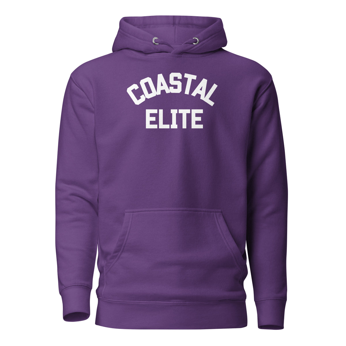 Purple hoodie, front view, with white arched 'Coastal Elite' lettering.