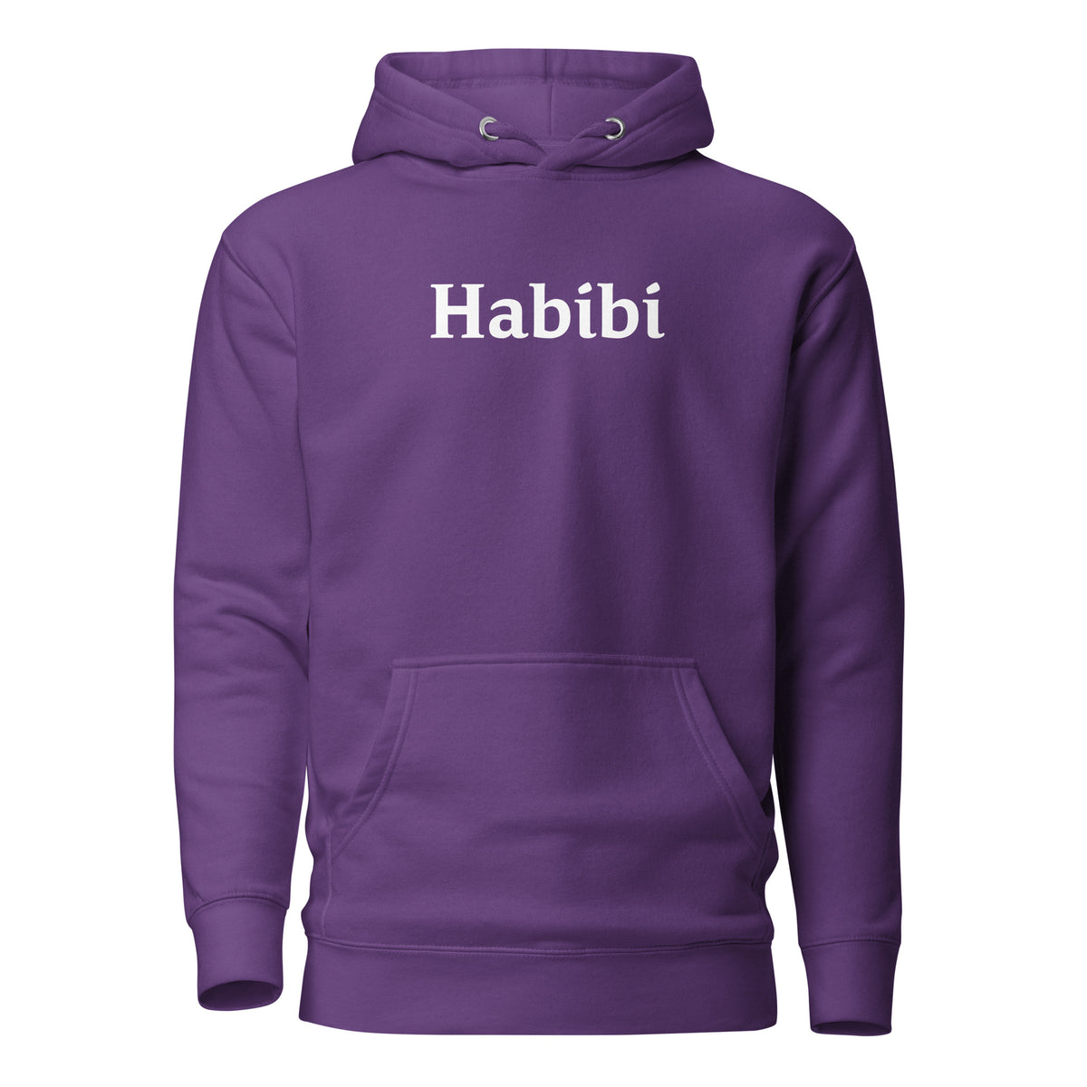 Purple hoodie, front view, with white 'Habibi' lettering.