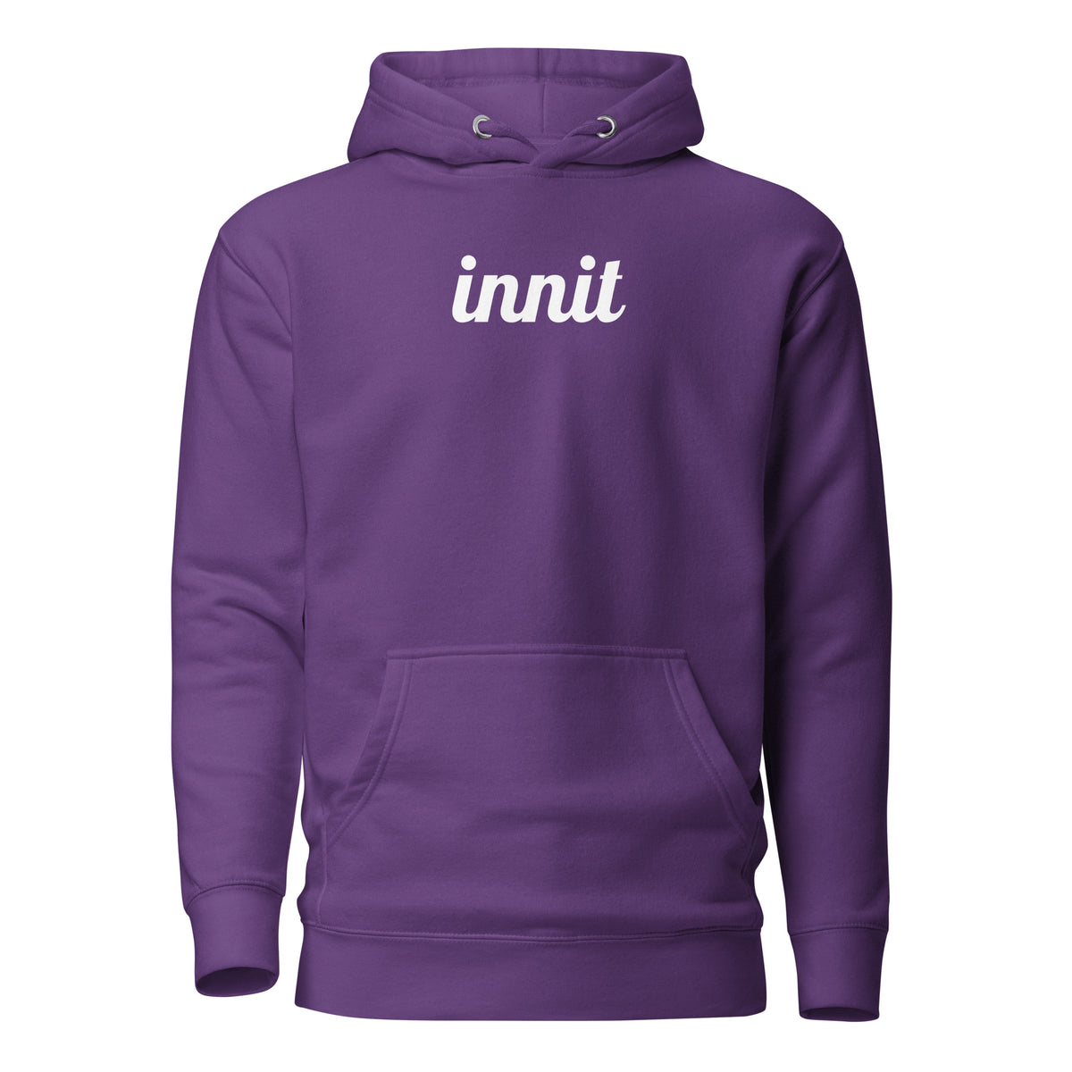 Innit hoodie in Purple, front view with white "innit" lettering and a pouch pocket.