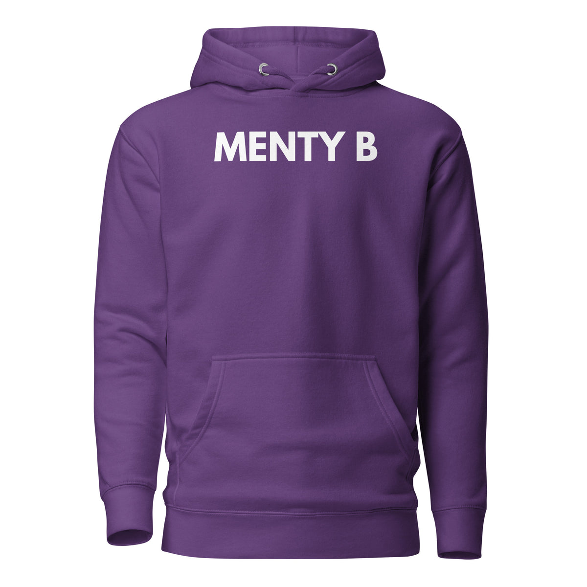 Purple hoodie, front view, with white 'MENTY B' lettering.