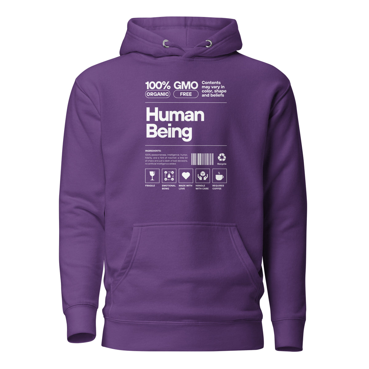 Purple hoodie with a white Human Being label-style graphic and icons, front view.