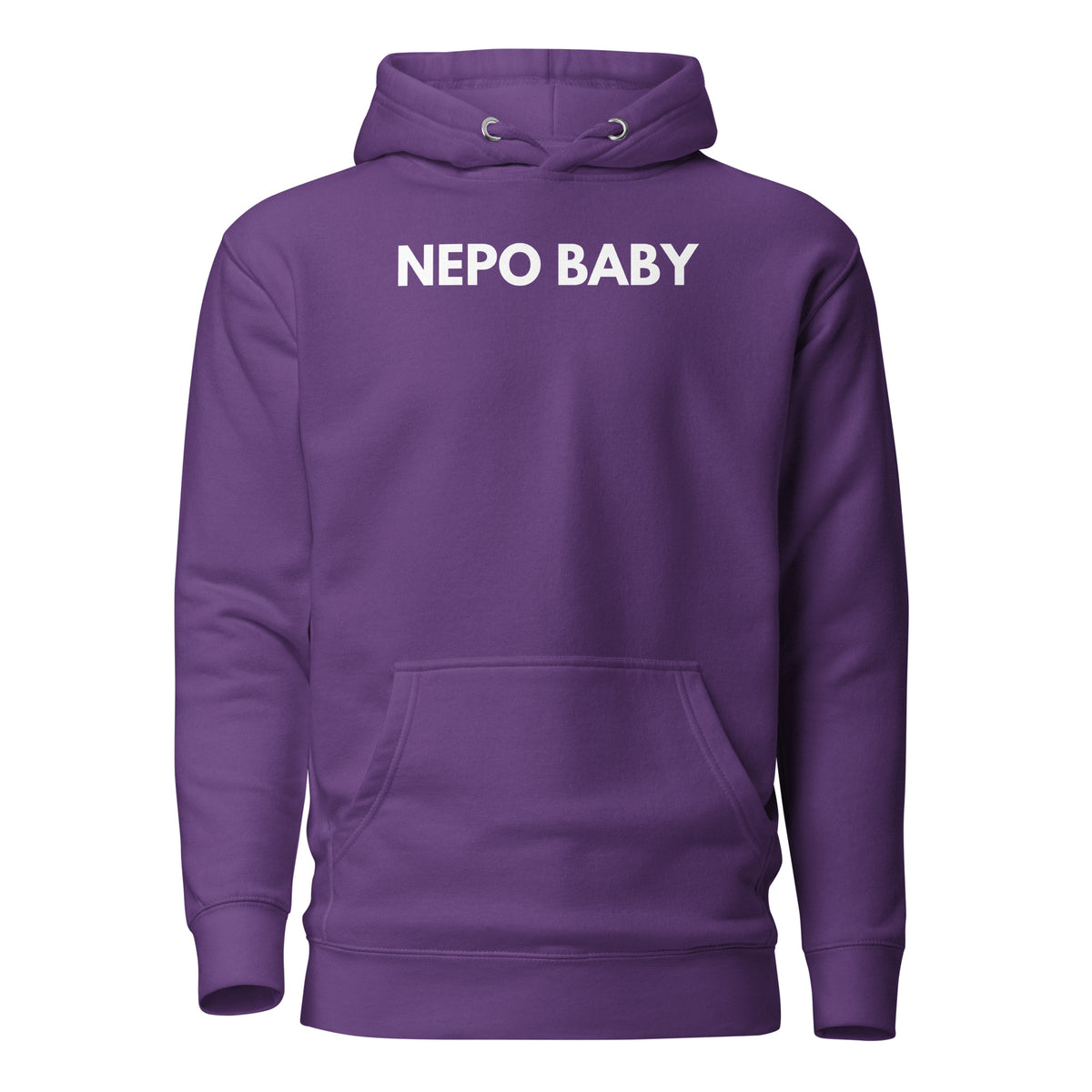 Purple hoodie with white Nepo Baby lettering, front view.