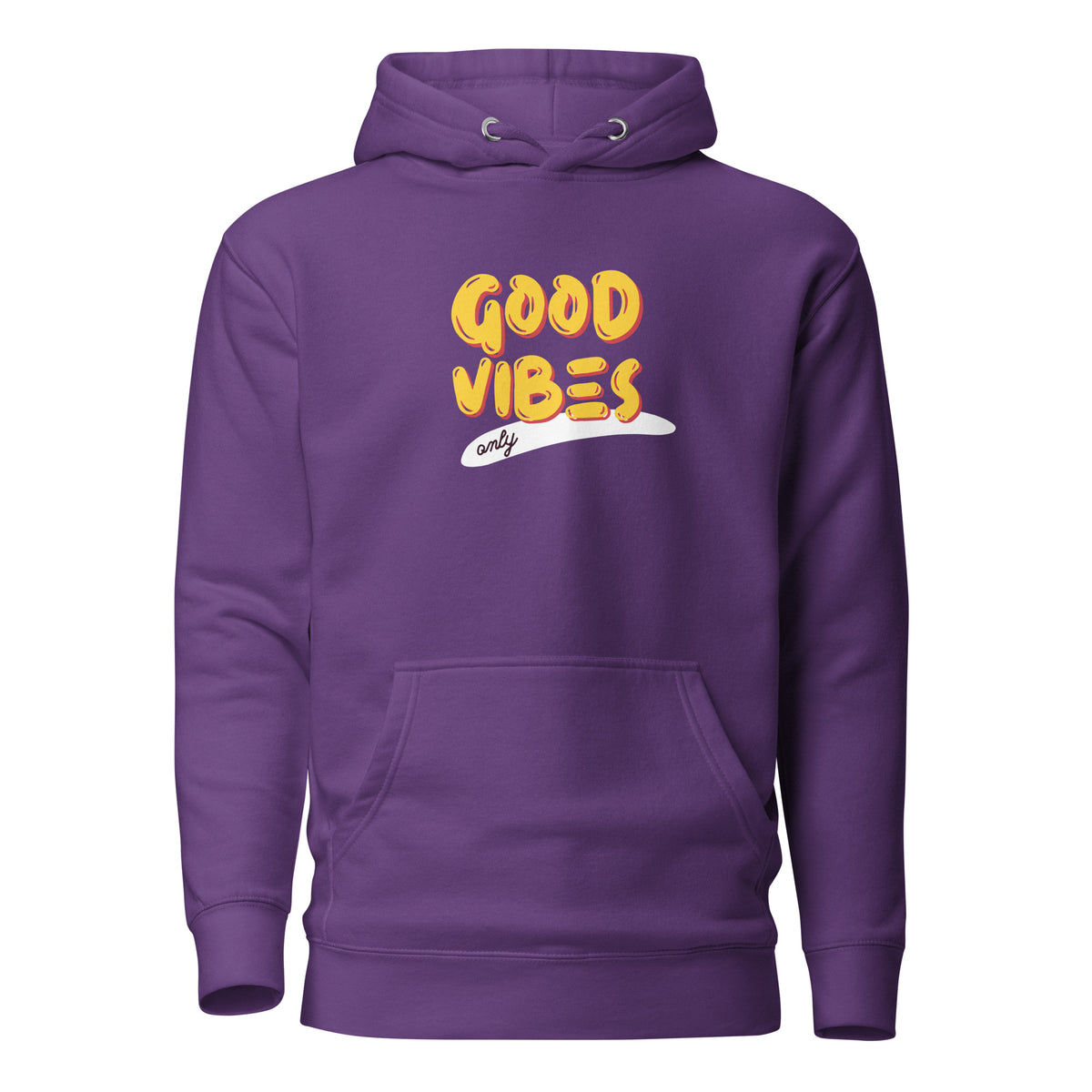 Purple hoodie, front view, with yellow 'Good Vibes' lettering with a white underline.