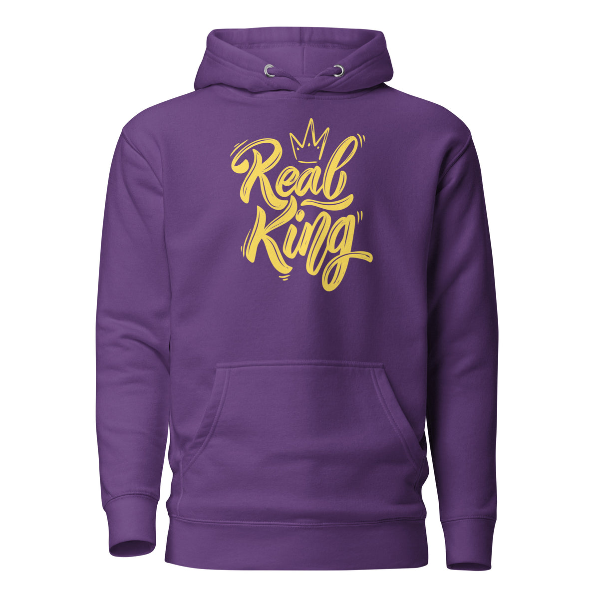 Purple hoodie, front view, with yellow 'Real King' script and a crown.