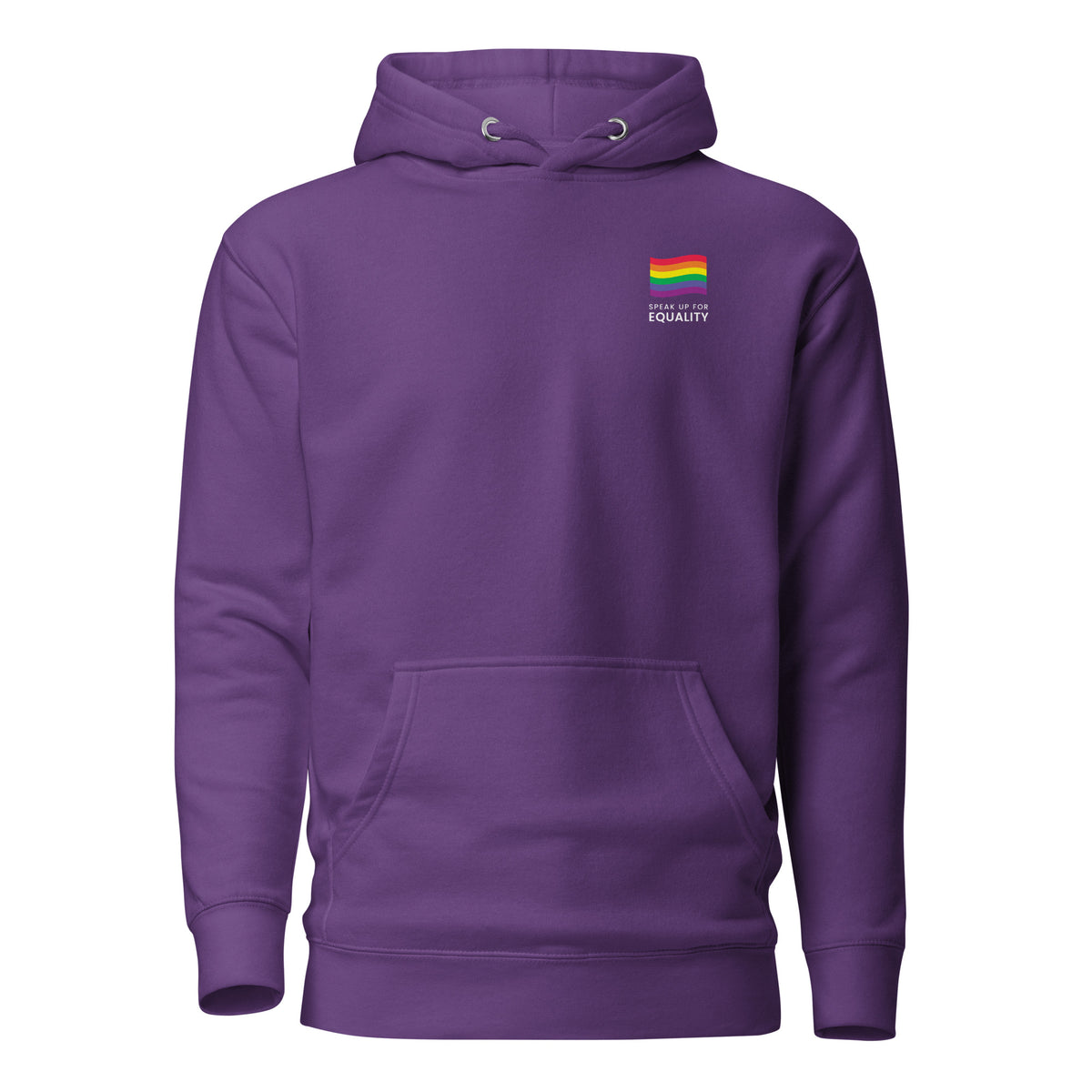 Purple hoodie, front view, with a small rainbow flag and lettering on the chest.