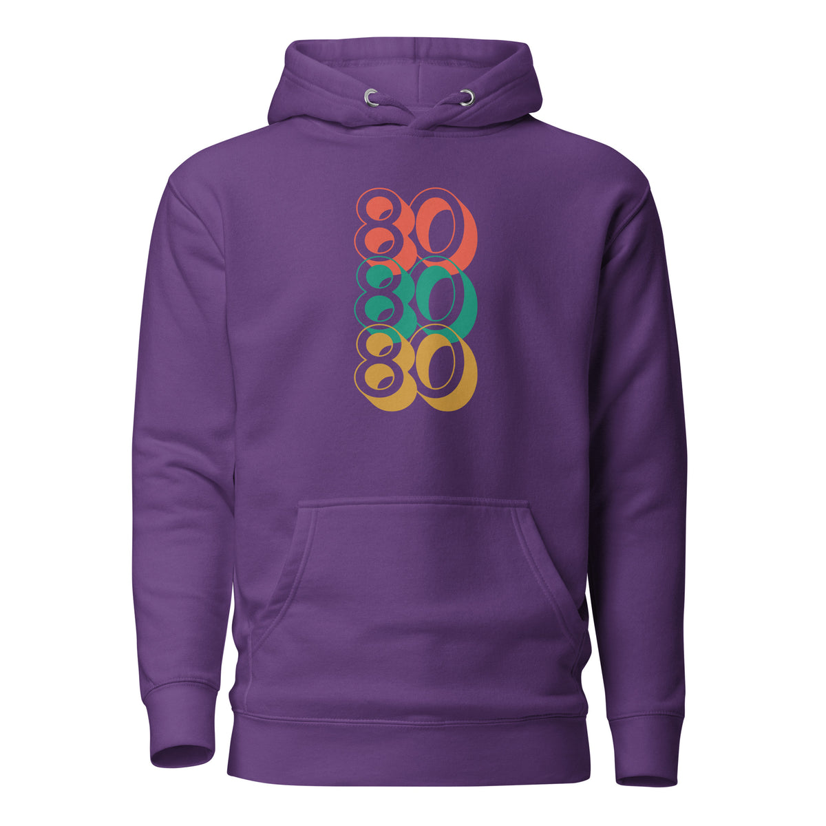 Purple hoodie with stacked red, green and yellow 80 numerals, front view.