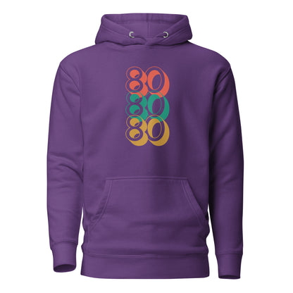 Purple hoodie with stacked red, green and yellow 80 numerals, front view.