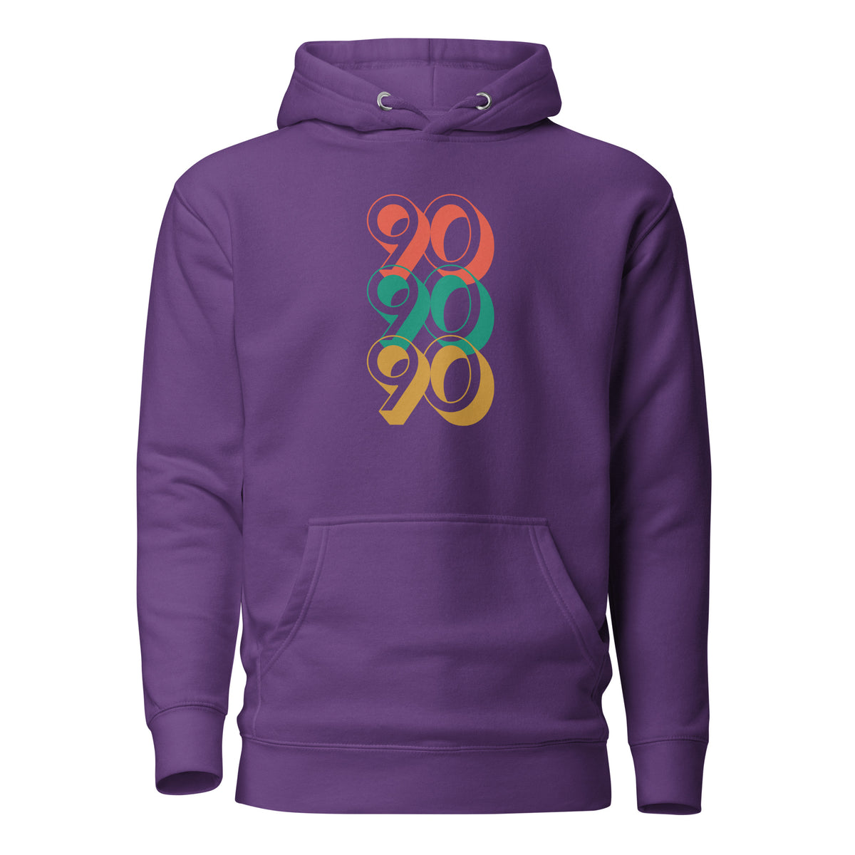 Purple hoodie, front view with stacked red, green and yellow "90" numerals.