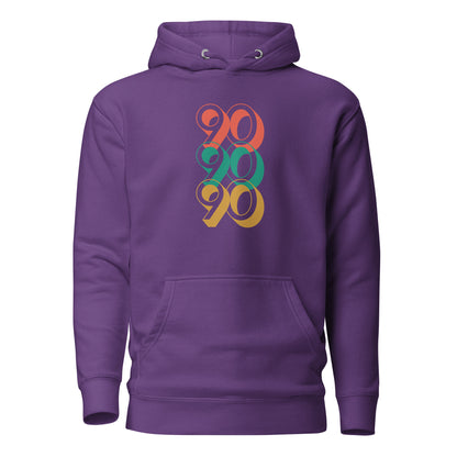 Purple hoodie, front view with stacked red, green and yellow "90" numerals.