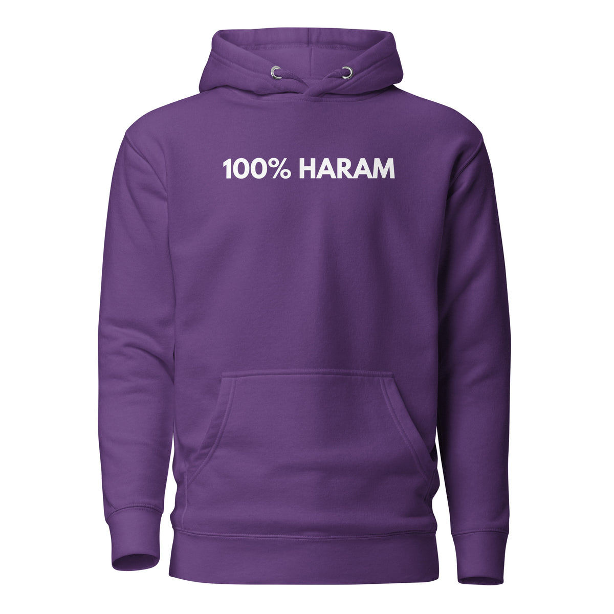 Purple hoodie, front view, with white '100% HARAM' lettering.