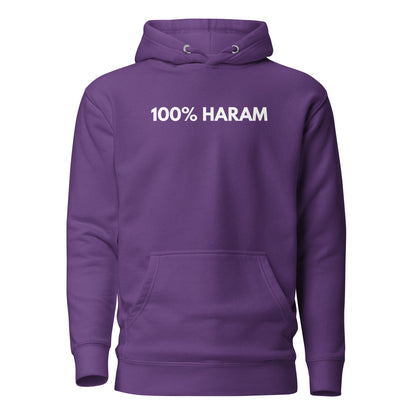 Purple hoodie, front view, with white '100% HARAM' lettering.