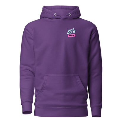 Purple hoodie with small 80's Rock chest lettering, front view.