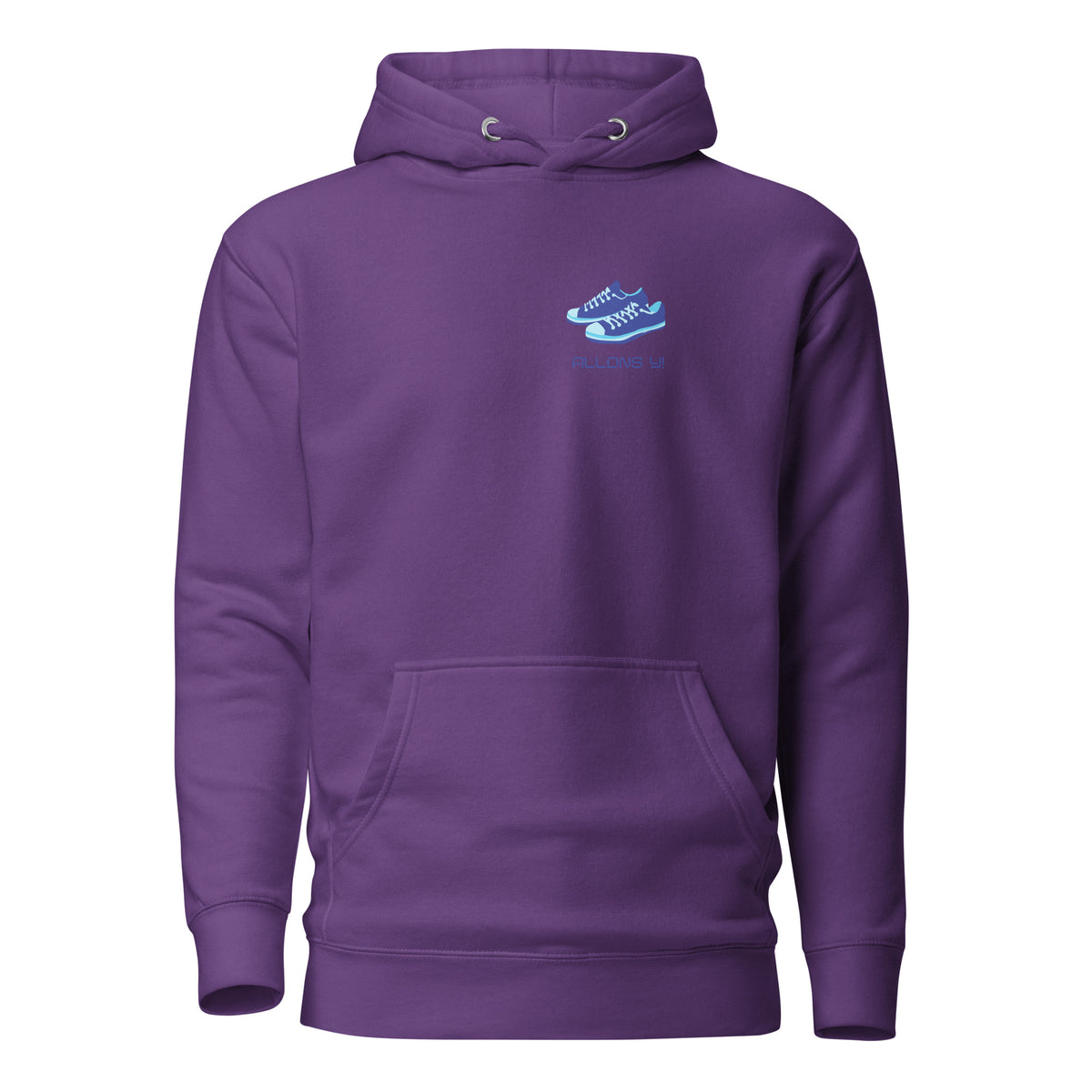 Purple hoodie, front view with blue sneakers and "Allons Y" chest lettering.
