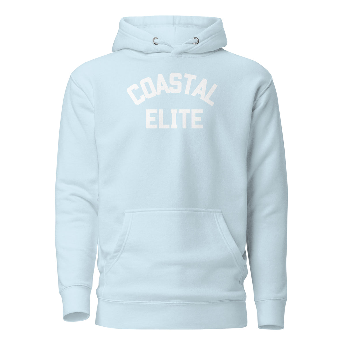 Sky Blue hoodie, front view, with white arched 'Coastal Elite' lettering.