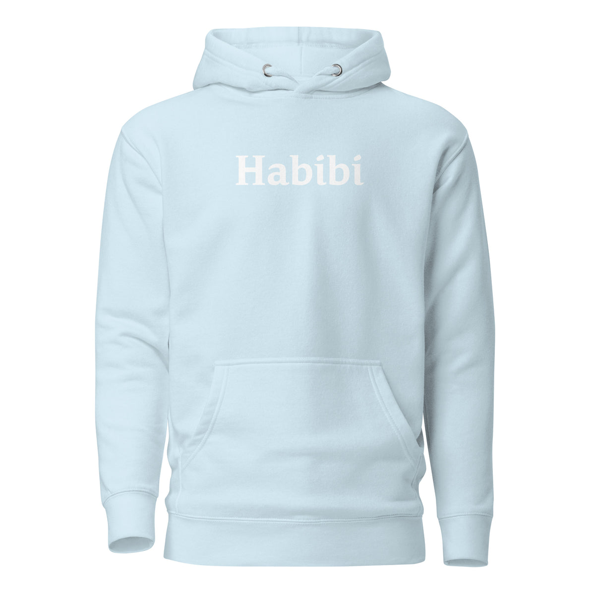 Sky Blue hoodie, front view, with white 'Habibi' lettering.