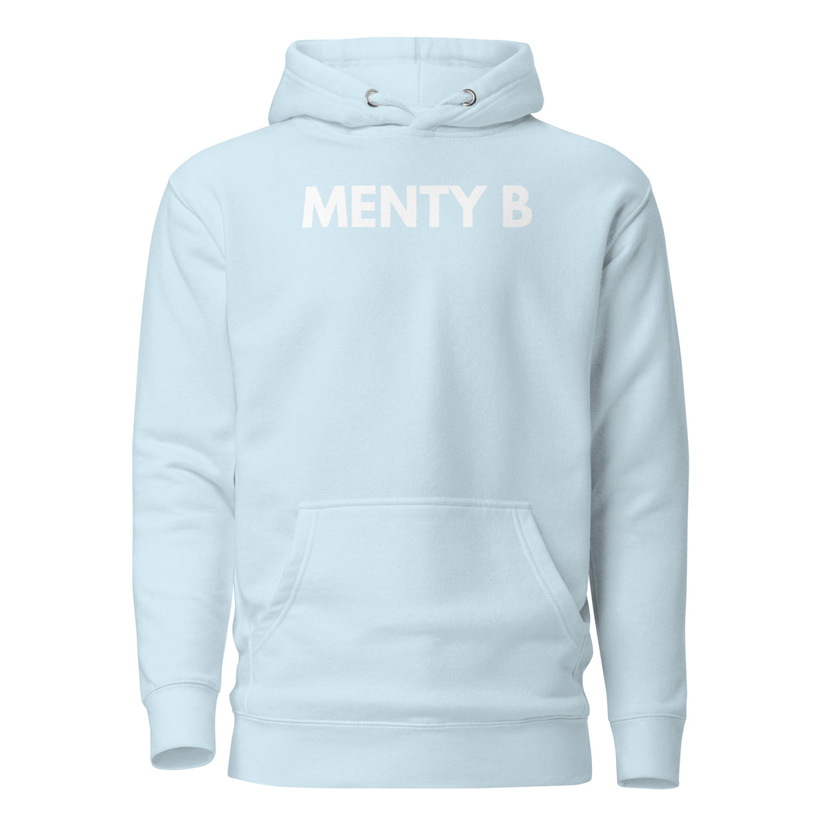Sky Blue hoodie, front view, with white 'MENTY B' lettering.
