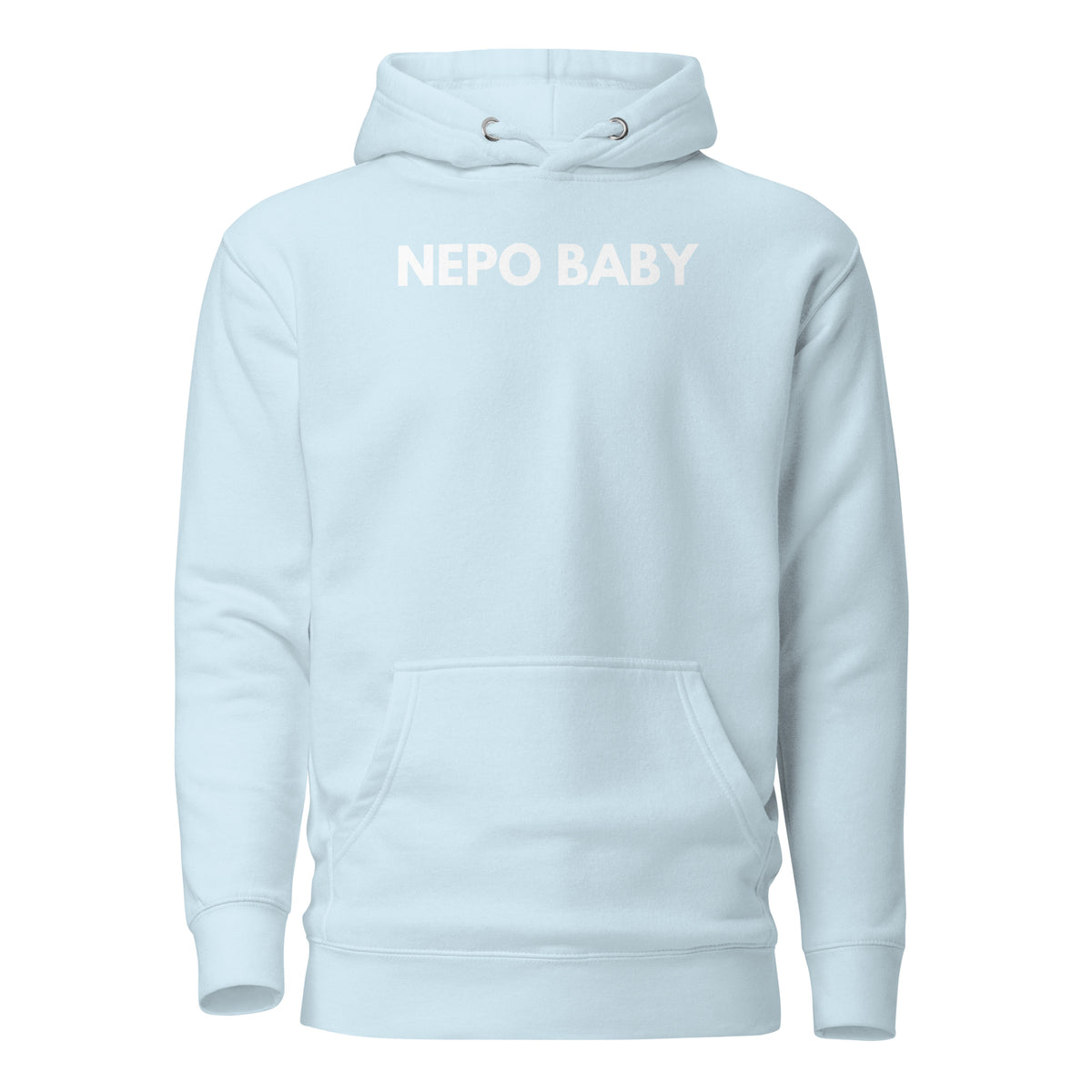 Sky Blue hoodie with white Nepo Baby lettering, front view.