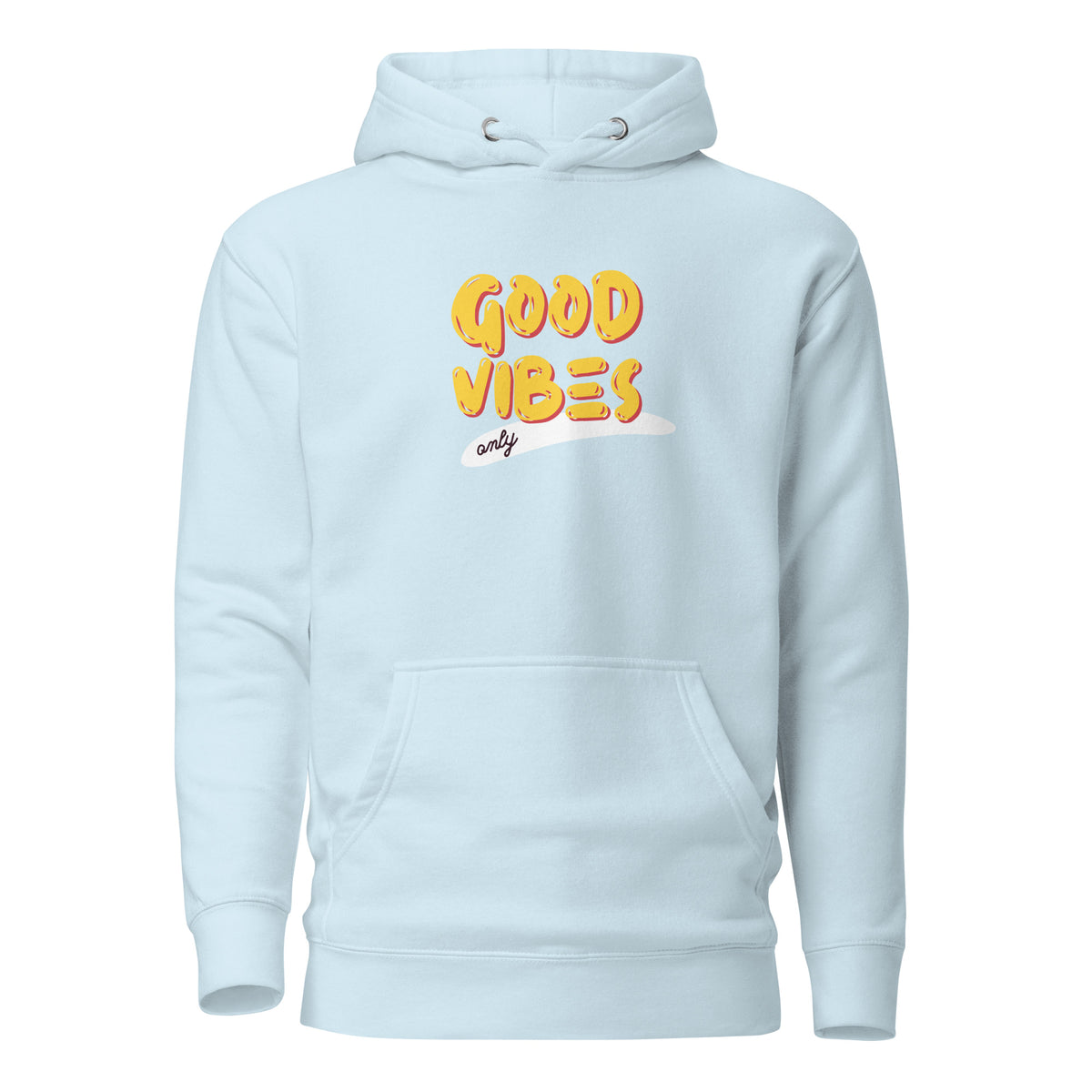 Sky Blue hoodie, front view, with yellow 'Good Vibes' lettering with a white underline.