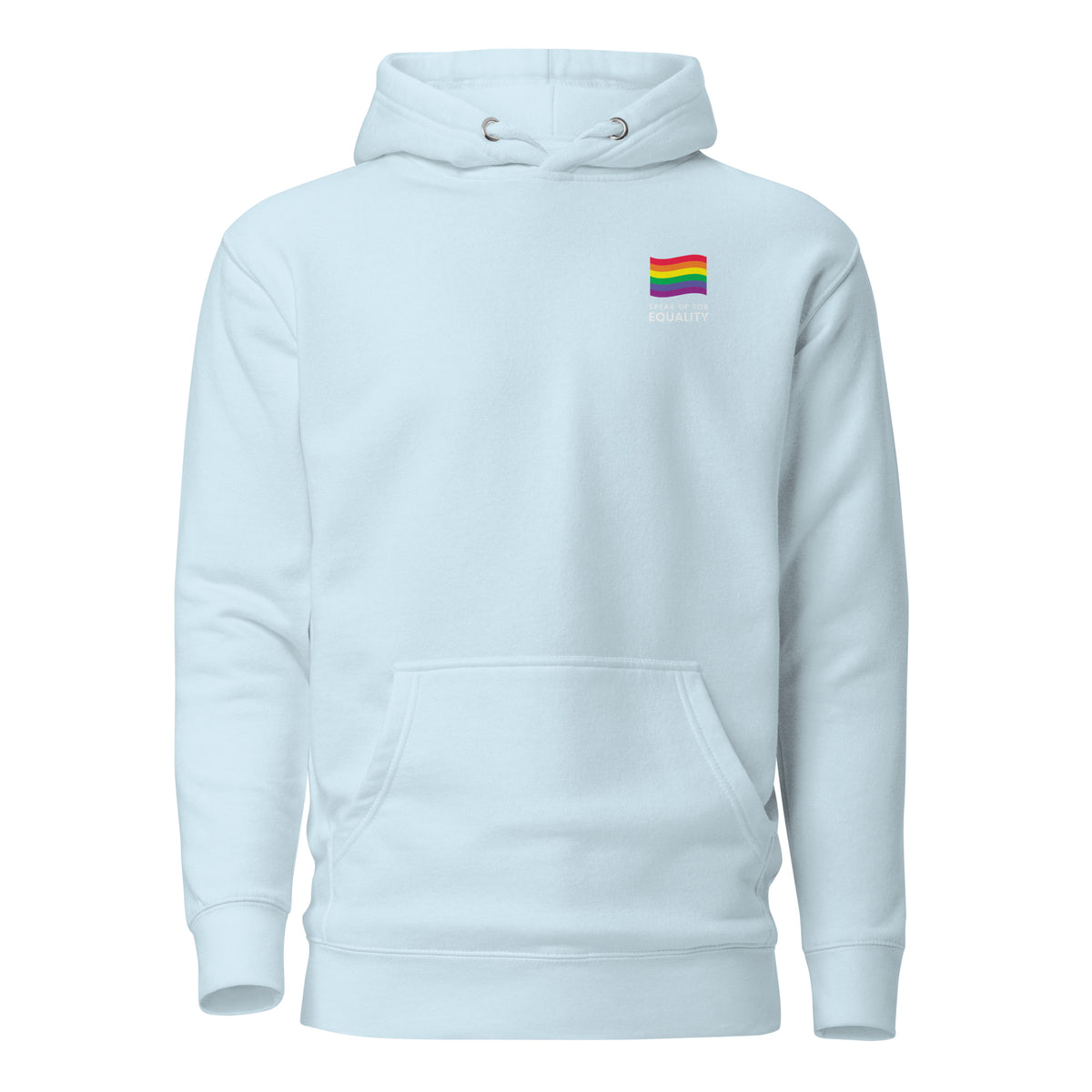 Sky Blue hoodie, front view, with a small rainbow flag and lettering on the chest.
