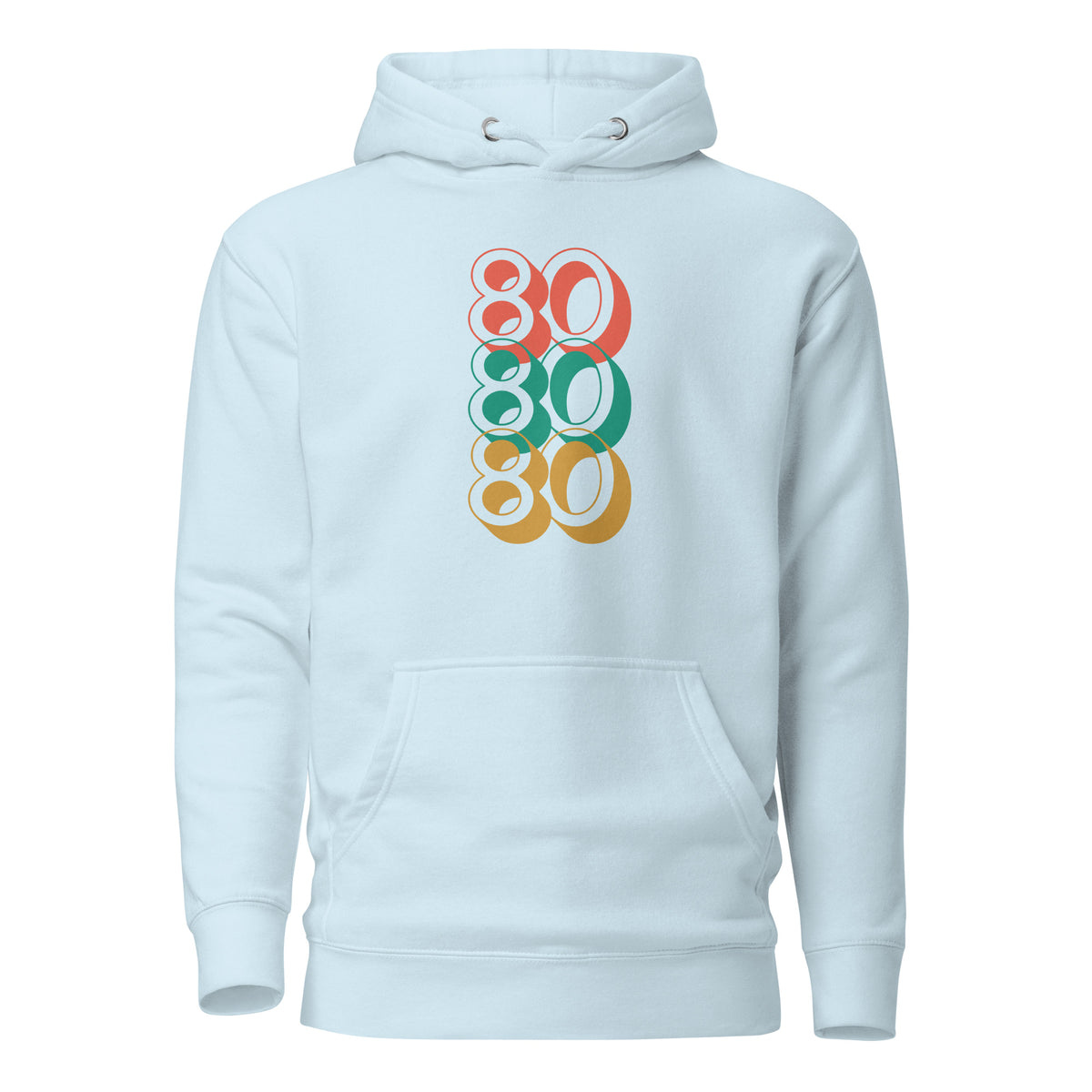 Sky Blue hoodie with stacked red, green and yellow 80 numerals, front view.