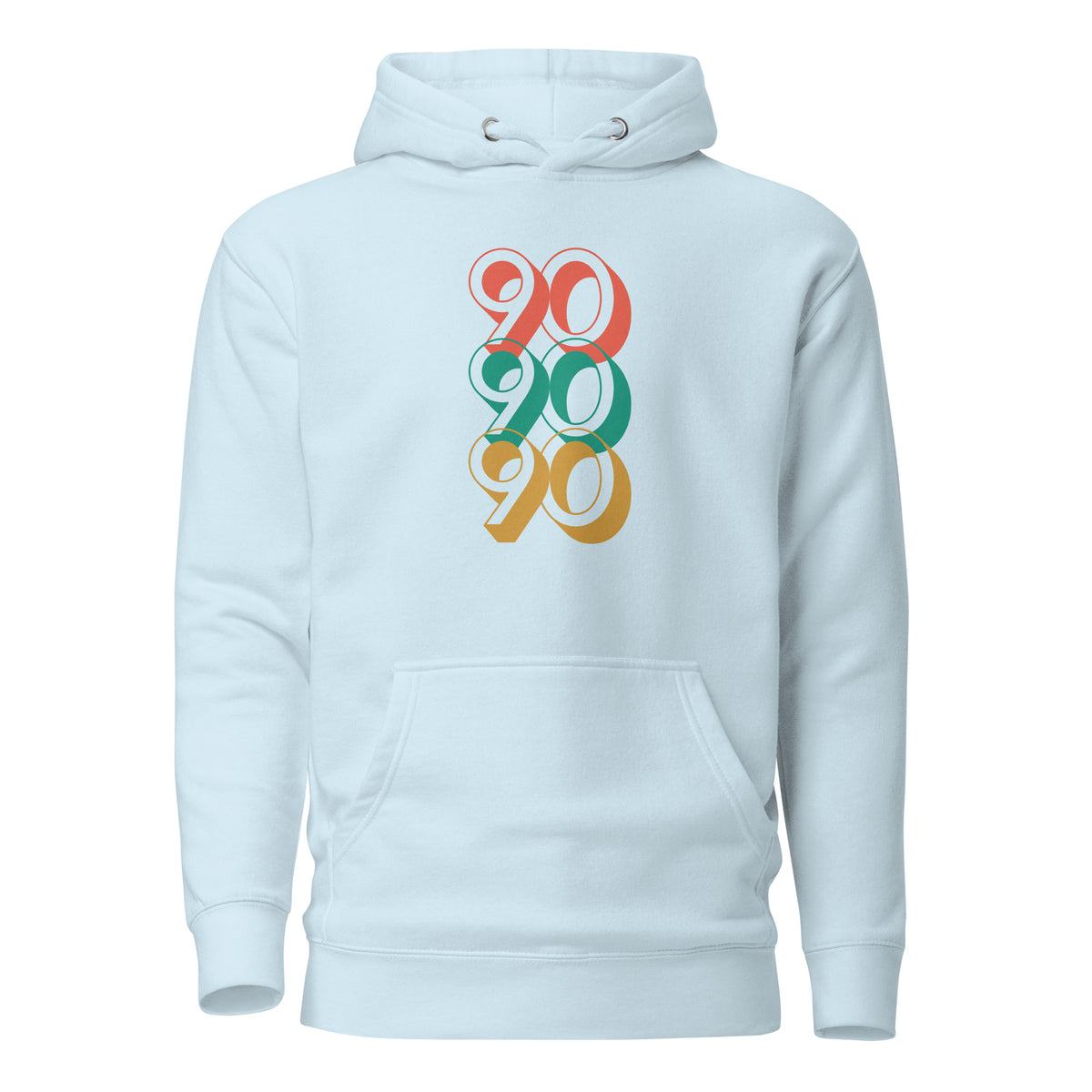 Sky Blue hoodie, front view with stacked red, green and yellow "90" numerals.