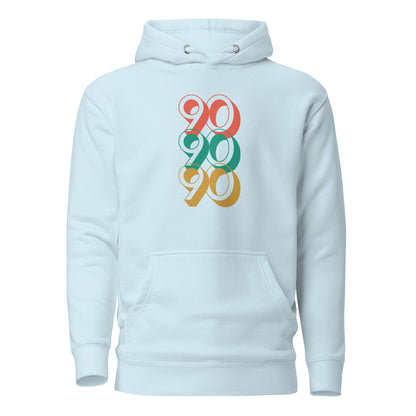 Sky Blue hoodie, front view with stacked red, green and yellow "90" numerals.