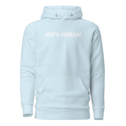 Sky Blue hoodie, front view, with white '100% HARAM' lettering.