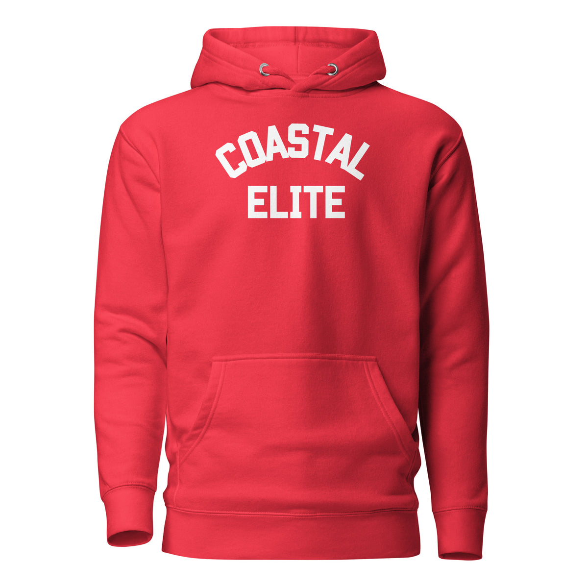 Team Red hoodie, front view, with white arched 'Coastal Elite' lettering.