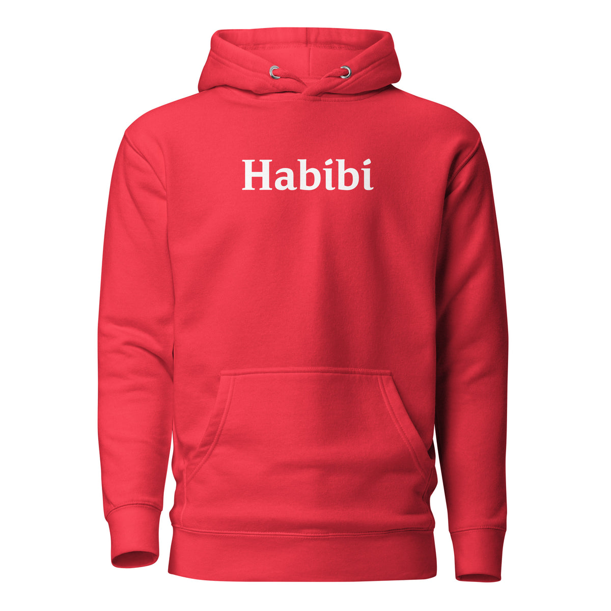 Team Red hoodie, front view, with white 'Habibi' lettering.