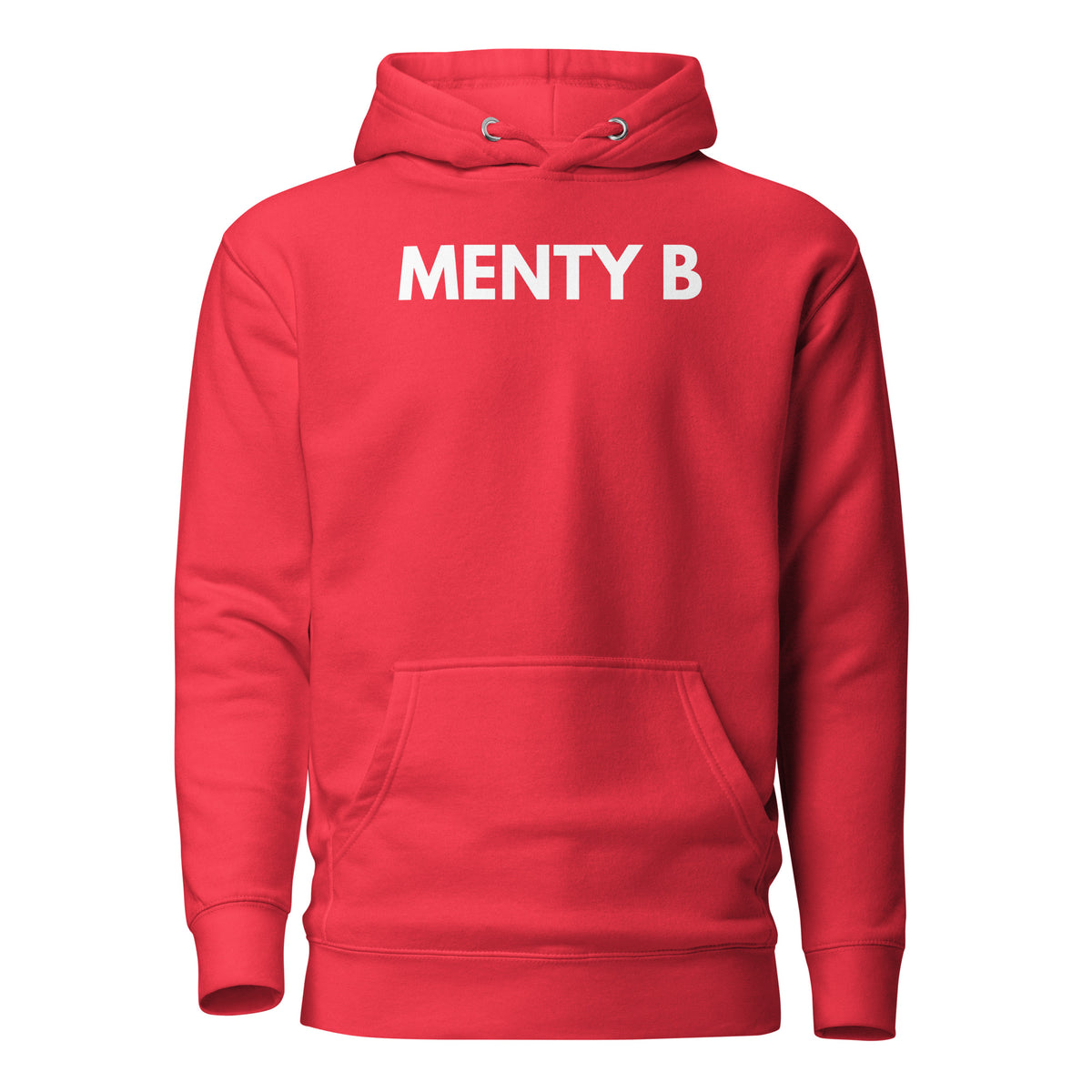 Team Red hoodie, front view, with white 'MENTY B' lettering.