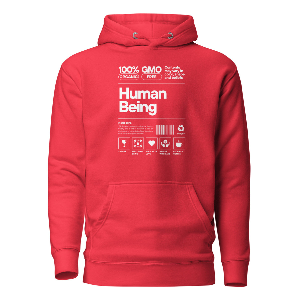 Team Red hoodie with a white Human Being label-style graphic and icons, front view.