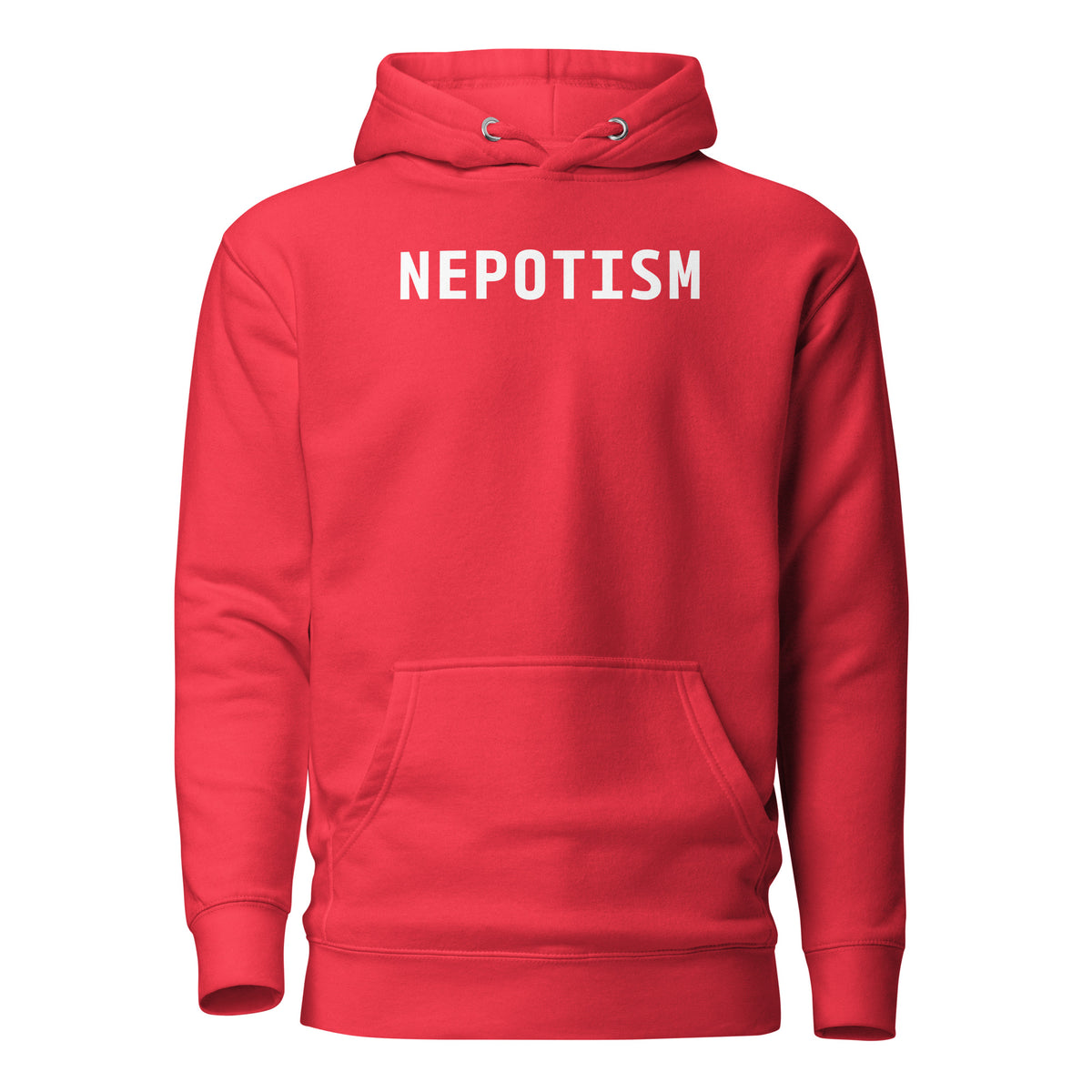 Team Red hoodie, front view, with white 'NEPOTISM' lettering.